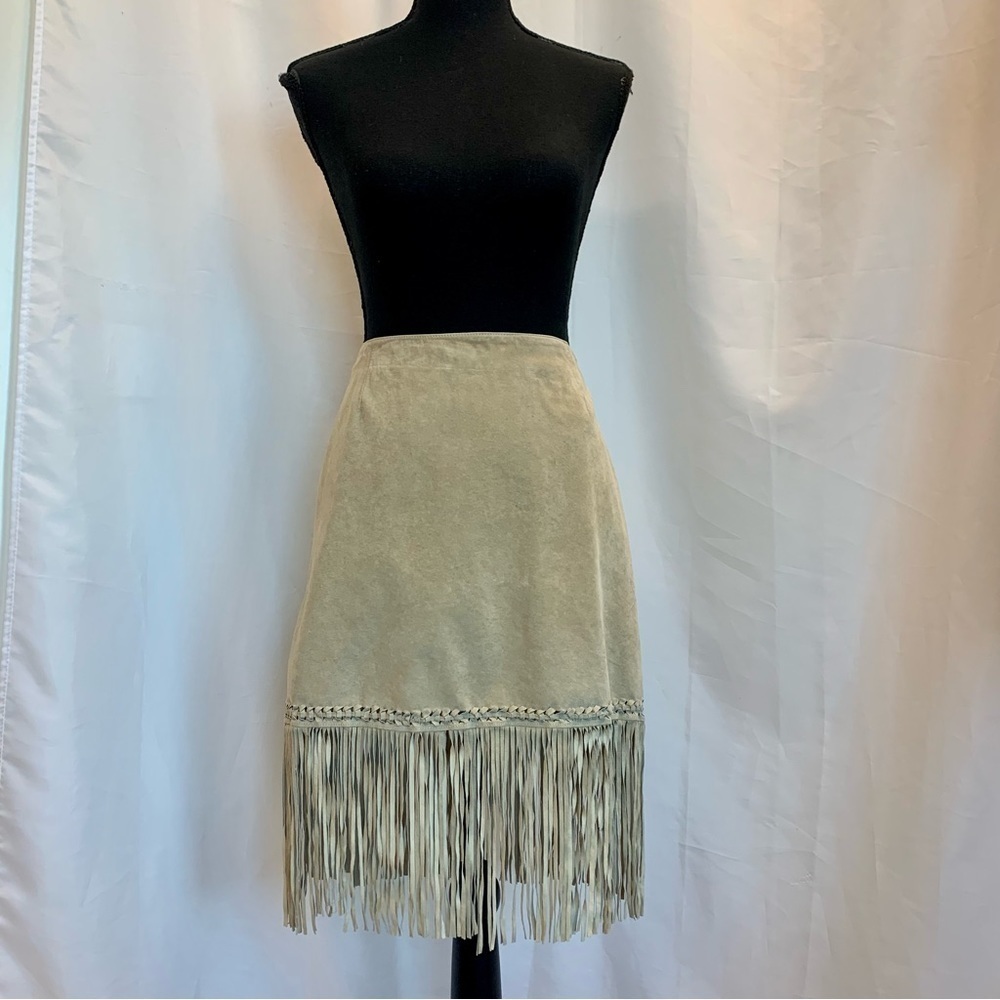 DANIER Leather cream beige suede fringe jacket skirt set S/8/10 western cowgirl - Picture 4 of 10